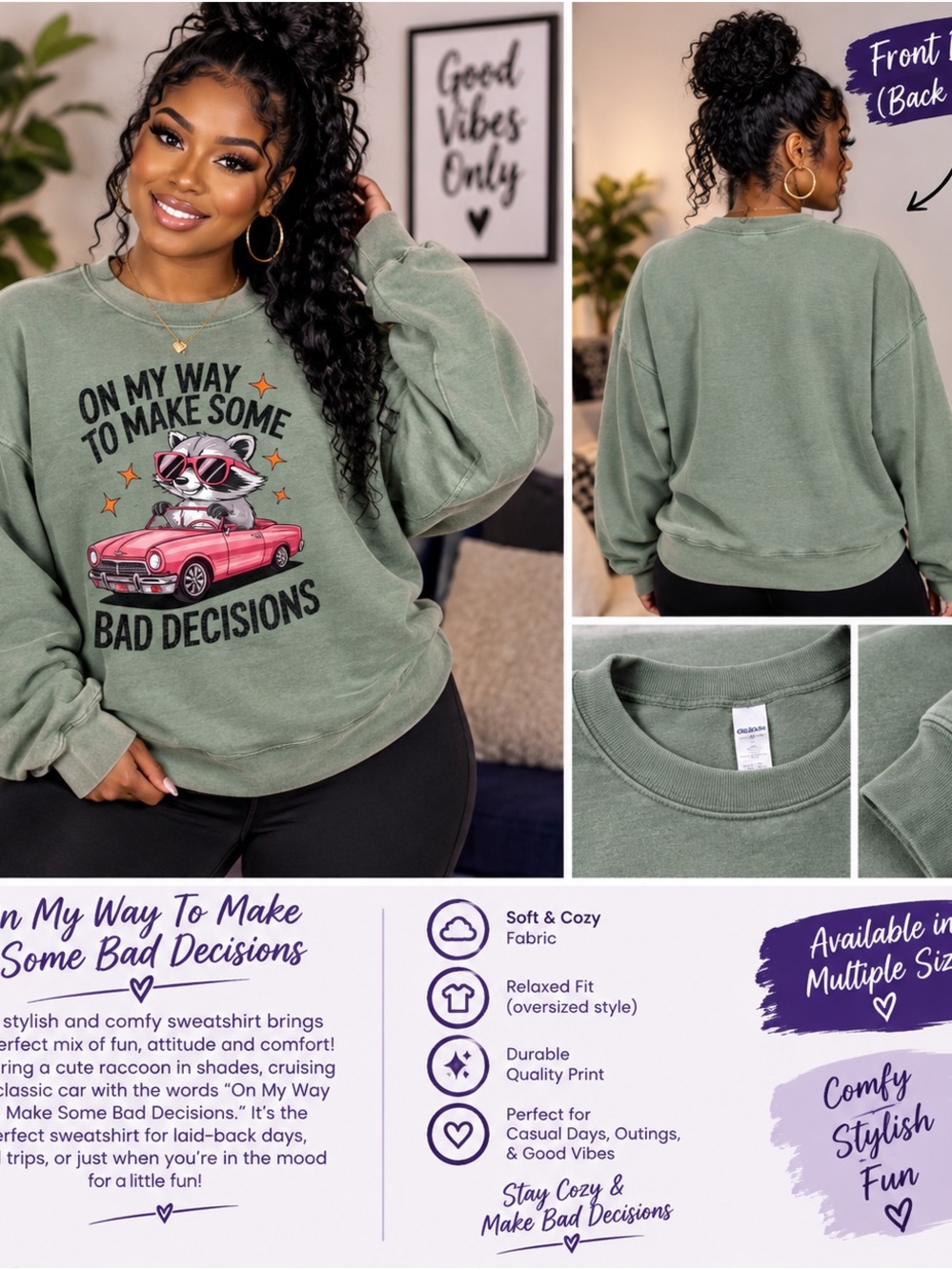 Handcrafted Fruit of the Loom Olive Green Raccoon Graphic Crewneck Sweatshirt